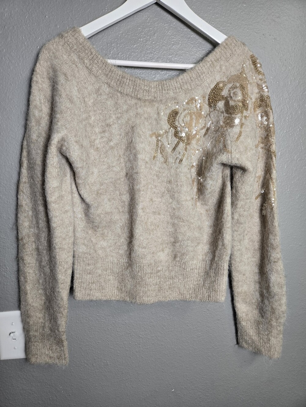 White House Black Market Tan Wool Blend Sequin Sweater Size Small